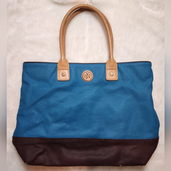 TORY BURCH Jaden Blue Brown Canvas Leather Tote Bag - Picture 1 of 11